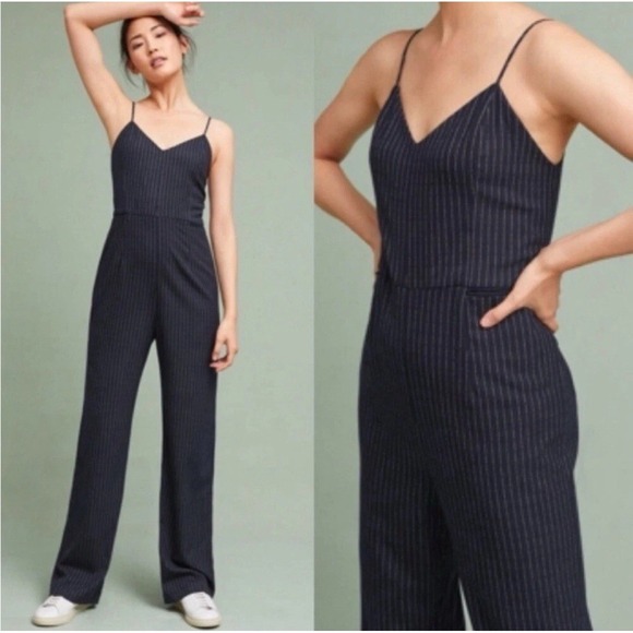 Anthropologie The Essential Jumpsuit Navy Blue Pinstripe Sz 4 Straight Leg - Picture 1 of 13